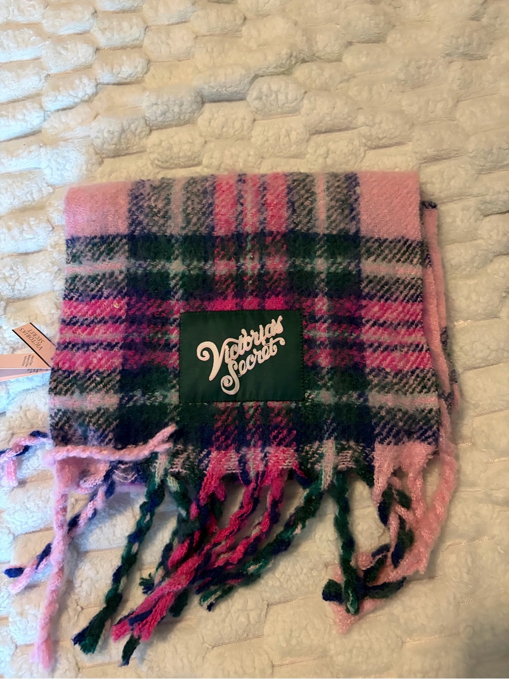 Victoria's Secret Pink and Green Plaid Fringe Scarf